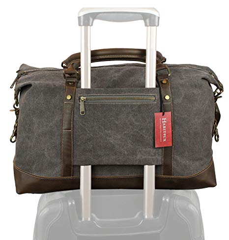 Weekender Duffel Bag Travel Tote - Canvas Genuine Leather Overnight Bag (Grey)
