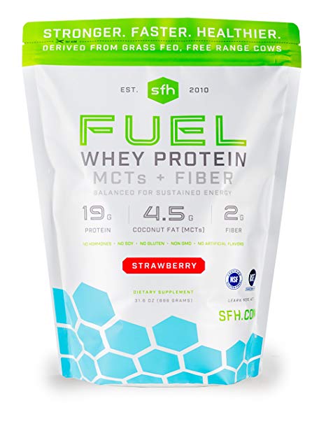 FUEL Whey Protein Powder (Strawberry) by SFH | Great Tasting Grass Fed Whey | MCTs & Fiber for Energy | All Natural Soy Free, Gluten Free, No RBST, No Artificial Flavors | 2lb Bag (896g) 28 Servings