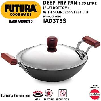 Futura IL26 Induction Compatible Hard Anodized Flat Bottom Deep Fry Pan / Kadhai with Stainless Steel Lid, 3.75 Liter