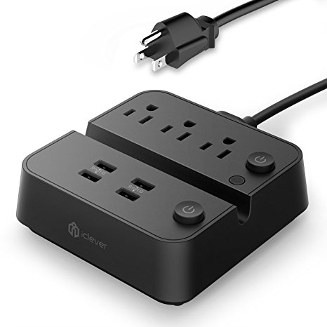 [Separate Switch Control] iClever BoostStrip IC-BS02 Smart Power Strip | USB Charger with 4 USB   3 AC OutLets, Dual Switch Control Charging Station and Phone / Tablet Stand- Black