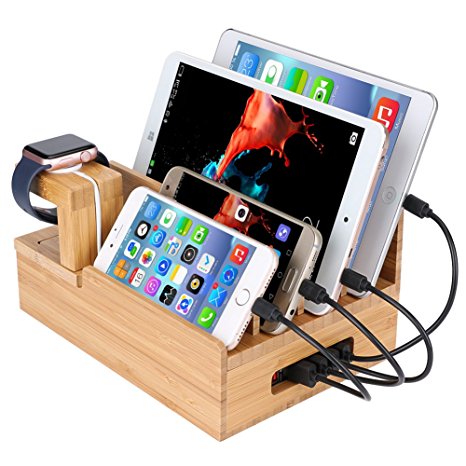 InkoTimes Bamboo Charging Station Dock Organizer for Apple Watch, iPhone, iPad, Universal Cell Phones and Tablets, Compatiable with Anker, RAVPower, PowerAdd, 4/5/6-Port USB Charger