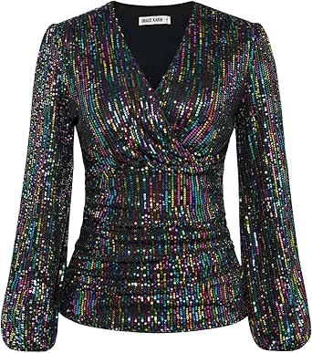 GRACE KARIN Sequin Tops for Women Long Sleeve Sparkly Dressy Tops Ruched Wrap Blouse Party Club Shirt