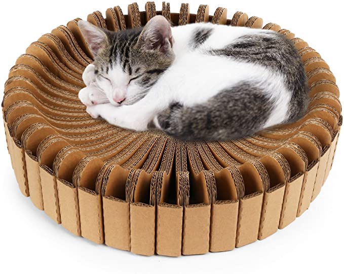 PrimePets Cat Scratcher Lounge, DIY Stitching Corrugated Removable Cat Scratcher Bed, Round Cat Scratcher Sofa Lounger, Cat Couch Lounger for Medium Large Cats, Catnip Included