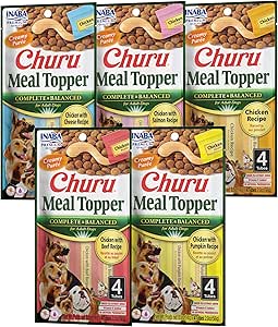 INABA Churu Meal Topper for Dogs, Complete & Balanced, Creamy, Lickable Purée Dog Food Topper, 0.5 Ounce Tube, 20 Tubes (4 per Pack), 5 Flavor Variety