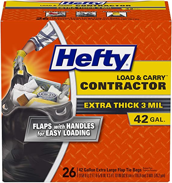 Hefty Load and Carry Contractor Heavy Duty Trash/Garbage Bags, 42 Gallon, 26 Count