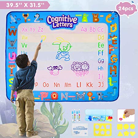 FRUITEAM 24 pcs Aqua Magic Doodle Mat, Drawing Mat for Kids, 39.5'' X 31.5'' Oversized Painting Area, Let The Kids Happy Painting Writing Doodle, Mom is More Assured