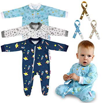 Lictin Baby Footed Pajamas (6-10M) - 100% Cotton 3pc Baby Long-Sleeved Romper Zipper Pajamas with 3pc Pacifier Chains White/Blue/Navy