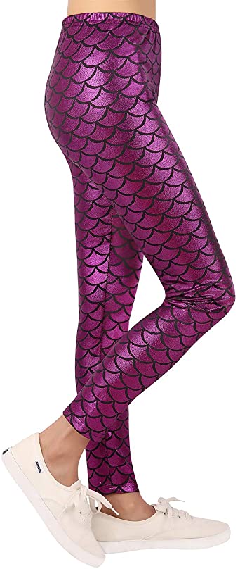 HDE Girl's Shiny Fish Scale Mermaid Leggings Stretch Metallic Tights (4T-12)