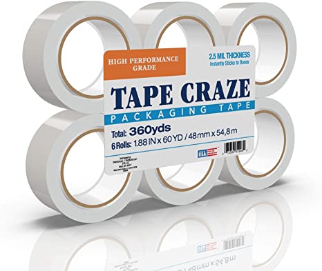 Tape Craze Heavy Duty Packing Tape Rolls, 2.5 mil Heavy Duty, Each Roll 1.88 Inch Wide x 60 Yard, 6 Pack – 360 Total Yards, Clear (242795)