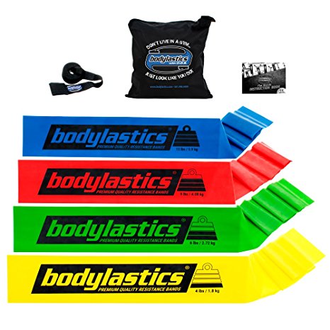 BODYLASTICS PREMIUM FLAT Resistance Bands Set. Includes 4 **Best Quality Flat Resistance Bands, Top Rated Door Anchor, Carry Bag, Printed User Book.