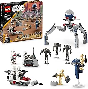 Lego 75372 Star Wars Pack de Combat des Clone Troopers et Droïdes de Combat, Jouet pour Enfants, avec Speeder Bike, Figurine Tri-Droïde et Poste Défensif, Cadeau pour Garçons et Filles Dès 7 Ans