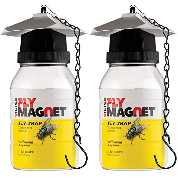 Victor M380 Set of 2 Reusable outdoor Fly Traps 32 oz - Fly Magnet Bait Trap - Bundled with 4 Bait Refills of Victor M383 And 2 SEWANTA Hanging Chains (Set of 8)