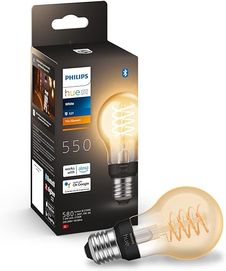 Philips Hue White Filament A60 Smart Light Bulb [E27 Edison Screw] 7W For Vintage, Indoor Home Lighting. Decorate your Livingroom, Bedroom or Diningroom