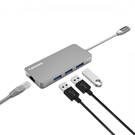 Lenovo USB C Hub, USB Type-C to 3 Port USB 3.0 Adapter with 10 Mpbs, 100 Mbps, 1000 Mbps, or 1 Gigabit Ethernet Port, for MacBook Pro, Chromebook Pixel and More