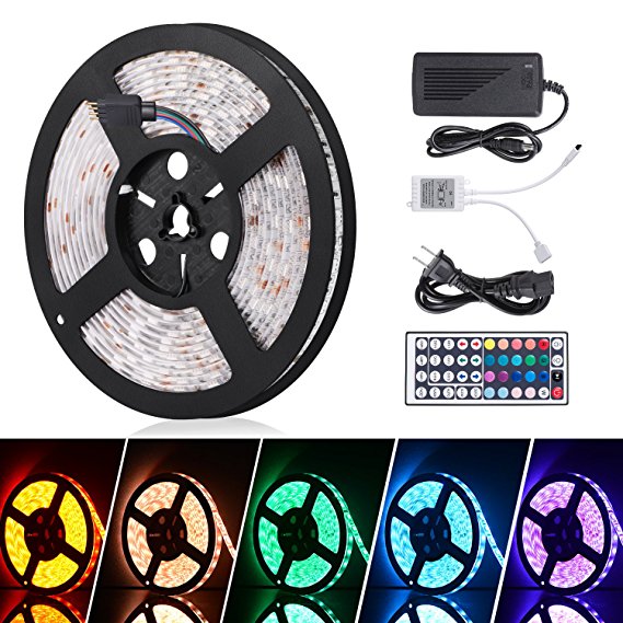 Sunnest SN-IP67 LED Light strip 16.4ft/5M, SMD5050 300LEDs strip lights,Waterproof Adhesive RGB Color Changing Kit, 12v DC 44key Remote Controller and Power Supply for Kitchen Bedroom and Sitting Room