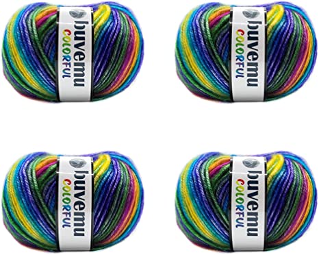 Buvemu Colorful Self-Striping Multicolor Fuzzy with Subtle Sheen Yarn,V Polyester D Acrylic, Each 1.76Oz (50 gr)/ 125yds(115m)(4 Balls) (Rainbow II - Blue, Purple, Green, Yellow, Orange, Fuchsia)