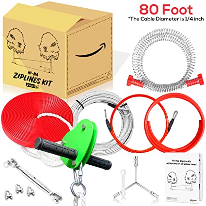 Hi-Na Zip Line Kit 80ft 100ft 120ft Zipline Kits for Backyard Kids Play Set Zipline with Seat Handles Ziplines for Backyards Zipline 100 Foot Zip Line Kit Zip Line Play Set Zipline for Kids (80ft)