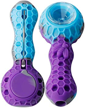 Unbreakable Honey Silicone Straw Pipe with Cleaner Cover and Decorative Bowl Interior (Blue Purple)