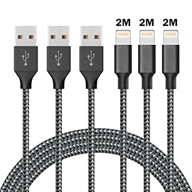 Lightning Cable,ONSON ®3Pack 2m/6ft Long Nylon Braided Apple iPhone Charger Cable Charging Lead USB Wire for iPhone 7/7 Plus/6S/6S Plus/6/6 Plus/5/5S/5C/SE,iPad Pro/Air/mini,iPod(Black White)