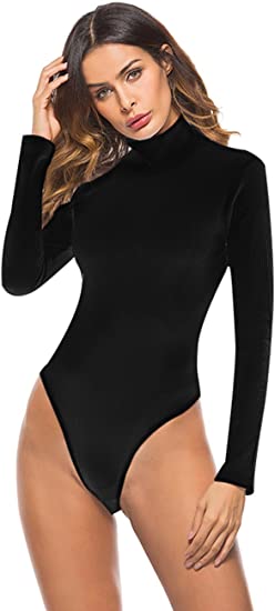 Queen.M Women's Basic Solid Bodysuit Turtleneck Leotard Top Long Sleeve Bodycon Jumpsuit Stretchy Romper