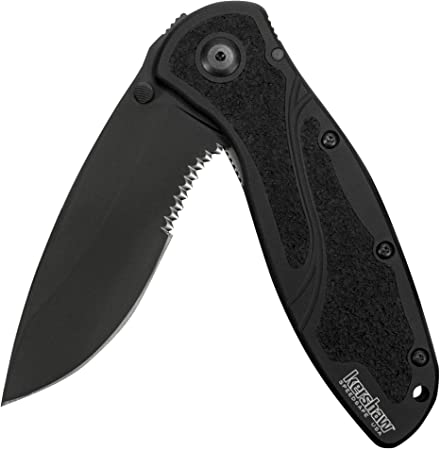 Kershaw Blur, Black Serrated (1670BLKST); Folding Knife with All-Black Body, Partially Serrated 3.4” 14C28N Steel Blade, Anodized Aluminum Handle with Trac-Tec Grip, SpeedSafe Opening, Reversible Pocketclip; 3.9 OZ