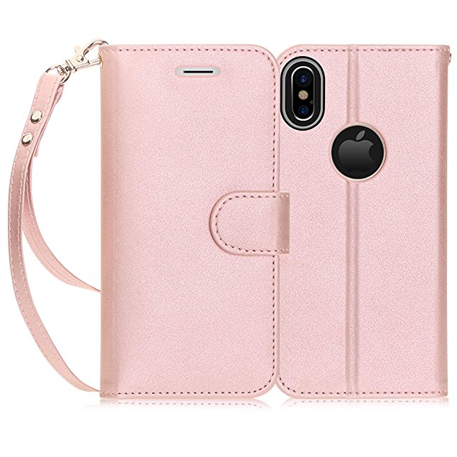 iPhone X Case, iPhone X Wallet Case, FYY [RFID Blocking wallet Case] 100% Handmade Flip Folio Case [Kickstand Feature] With ID&Credit Card Protector for Apple iPhone X Edition(2017) Rose Gold