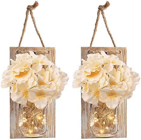 Mason Jar Sconce Rustic Home Wall Decor with LED Fairy Lights - Handcrafted Hanging Mason Jar Sconces 2 Pack