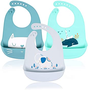 Silicone Bib - RIGHTWELL 3 pcs Silicone Bibs for Babies and Toddlers Unisex - Waterproof Silicone Baby Bibs Super Soft and Easily Wipe Clean with Wide Food Crumb Catcher Pocket