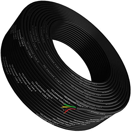 Phone Cable 300ft Rounded Black Roll (100 M - 328 ft Long) 4x1/0.4 26 AWG Gauge Solid Wire RJ11 4P4C -Round Telephone Cord Line Extension Bulk Rool Reel -Compatible with RJ 11 Crimp End Connector Jack