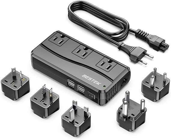 BESTEK Power Adapter 250W, 220V to 110V Step Down Voltage Converter with 4 USB 3 AC Outlets 7 Travel Plug Adapter EU/US/AU/IT/UK/in/South Africa Plug Adapter(Black)