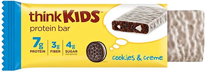 thinkKIDS Protein Bars - Cookies & Creme 7g Protein, 3g Fiber, 4g Sugar, No Artificial Flavors or Colors, Gluten Free, GMO Free*, 1 oz bar (5 Count)