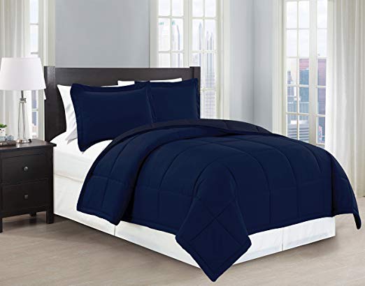 Mk Collection 2 PC Down Alternative Comforter Set Solid Twin, Navy Blue New