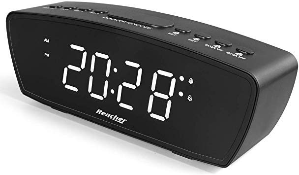 REACHER Simple Dual Alarm Clock with Adjustable Volume for Bedrooms - Large Numbers LED Display with USB Phone Charging Port, Dimmer, Snooze, Easy Operation for Desk Shelf Bedside(Black)