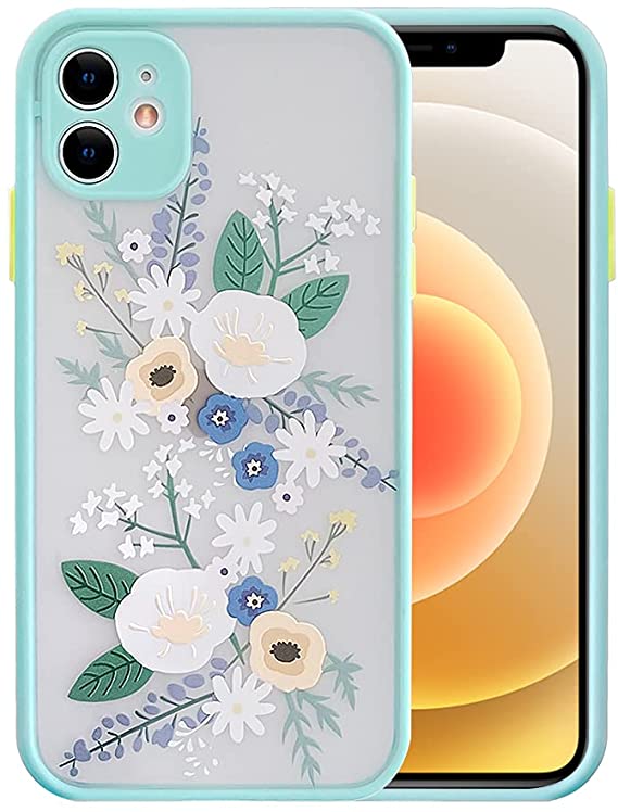 Ownest Compatible with iPhone 12 Case [Not fit iPhone 12 Pro 6.1‘’] for Clear Frosted PC Back 3D Floral Girls Woman and Soft TPU Bumper Silicone Slim Shockproof Case for iPhone 12 6.1''o-Blue