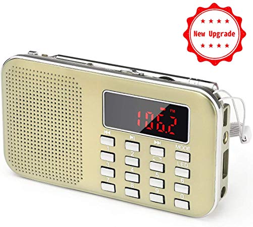 Mini Portable Pocket AM FM Radio with LED Flashlight, PRUNUS J-908 Digital Radio Speaker Music Player Support Micro SD/TF Card/USB, Auto Scan Save, 1200mAh Rechargeable Battery Operated(Gold)