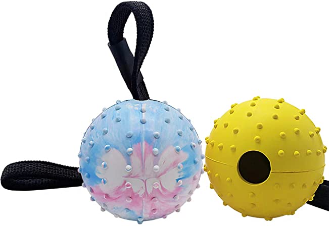 Vivifying Dog Ball on a Rope, Natural Interactive Rubber Ball for Fetch, Catch, Throw and Tug of War（Colorful Yellow）