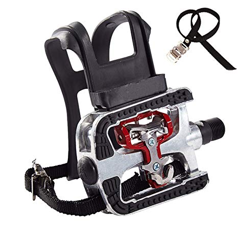 NAMUCUO SPD Pedals - Hybrid SPD Pedal with Toe Clip and Straps. for Spin Bike, Indoor Exercise Bike and All Bikes with 9/16" axles. 6 Month Warranty.