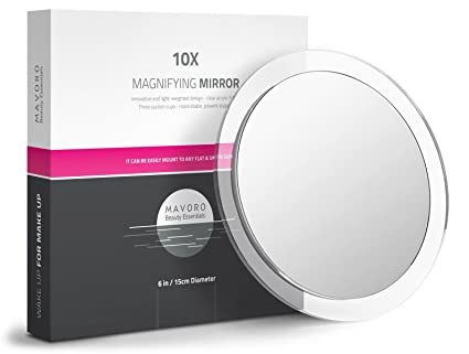 10X Magnifying Bathroom Mirror, Precise MakeUp Application and Facial Procedures, 3 Suction Cups - More Stable, Easy Mount, Travel- 6 Inch Magnified Mirror With Clear Frame By Mavoro Beauty Essentials
