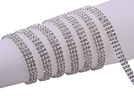 Kaoyoo 3 Rows 2 Yards Crystal Rhinestone Close Chain Trim,SS08/2.5mm/0.1",Silver Chain with Clear Crystal Beads