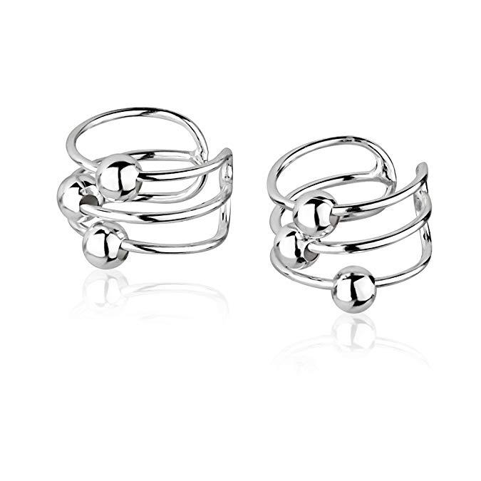 925 Sterling Silver Bar Bands w/Ball Beads No Pierce Ear Cuff Wrap Earrings, Set of Two (2) 6x10mm