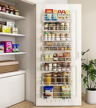 Mefirt Over The Door Pantry Organizer, Wall Mount Spice Rack, Pantry Hanging Storage and Organization, 8 Adjustable Baskets Heavy-Duty Metal for Home & Kitchen, Back of Door Seasoning Rack - White