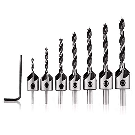 7Pcs Woodworking Countersink Drill Bits Set, DRILLPRO Woodworking Chamfer, Three-Pointed High-Speed Steel Drill, with One Free Hex Key Perfect for Wood