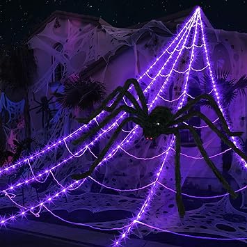 Spider Webs Halloween Decorations Outdoor 290LED Halloween Spider Web Lights Decoration with 78.7" Large Spider & 3.53oz Stretch Cobweb 23Ft Giant Lighted Web with 8 Modes (Purple)