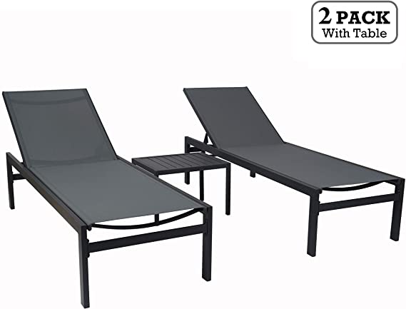 Kozyard Modern Full Flat Alumium Patio Reclinging Adustable Chaise Lounge with Sunbathing Textilence for All Weather, 5 Adjustable Position, Very Light, Anti-Rusty (2 Pack Gray w/Table)