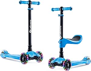 LaScoota 2-in-1 Kids Kick Scooter, Adjustable Height Handlebars and Removable Seat, 3 LED Lighted Wheels and Anti-Slip Deck, for Boys & Girls Aged 3-12 and up to 100 Lbs.