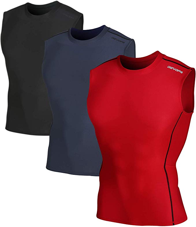 DEVOPS Men's 3 Pack Cool Dry Athletic Compression Baselayer Workout Sleeveless Shirts