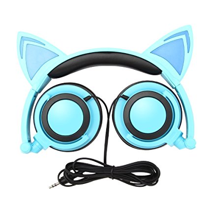 Cat Ear Headphones,SNOW WI Flashing Glowing Cosplay Fancy Cat Headphones Foldable Over-Ear Gaming Headsets Earphone with LED Flash light for iPhone 7/6S/iPad,Android Mobile Phone,Macbook (blue)