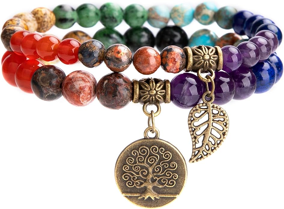 Bivei Tree of Life Beaded Bracelets Chakras Crystal Healing Stone Natural Reiki Semi Precious Gemstone Charm Energy Beads Stretch Bracelet for Women Yoga Meditation