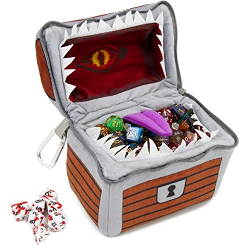 CASEMATIX Mimic Dice Chest and Dice Jail with 7 Included RPG Dice - 6.5" Plush Mimic Chest Dice Bag with Zipper Closure and Carabiner for 150 Dice, Protective Novelty Dice Holder for Tabletop Dice