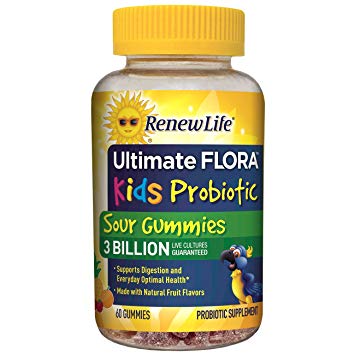 Renew Life Kids Probiotic - Ultimate Flora  Kids Probiotic, Shelf Stable Probiotic Supplement - 3 Billion - Fruit Flavor, 60 Chewable Sour Gummies (Packaging May Vary)